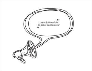 Continuous line one drawing of Speech bubble with megaphone. Vector illustration on white isolated background. Bullhorn speaker business concept.
