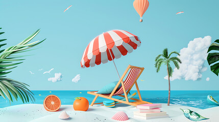 Obraz premium a serene beach scene. Against a solid blue background representing the sky, there’s a red and white striped beach umbrella in the center. Beneath it, an orange deck chair with a blue pillow invites re