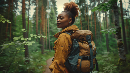Obraz premium Jeune fille, adolescente ou femme active avec un sac de randonnée fait une promenade en forêt, activité d'extérieur, marche ou trek sportif