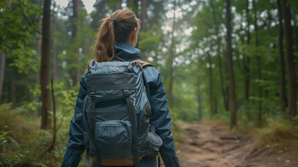 Obraz premium Jeune fille, adolescente ou femme active avec un sac de randonnée fait une promenade en forêt, activité d'extérieur, marche ou trek sportif