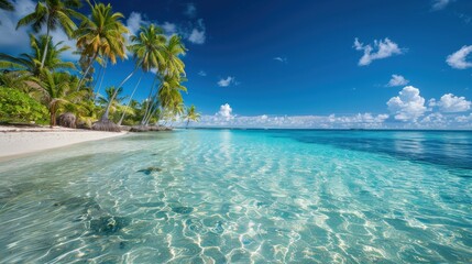 A beautiful beach with a palm tree and the ocean. The sky is blue and the water is calm