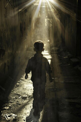 A young boy walks through a narrow alleyway, sunlight streaming through the opening above