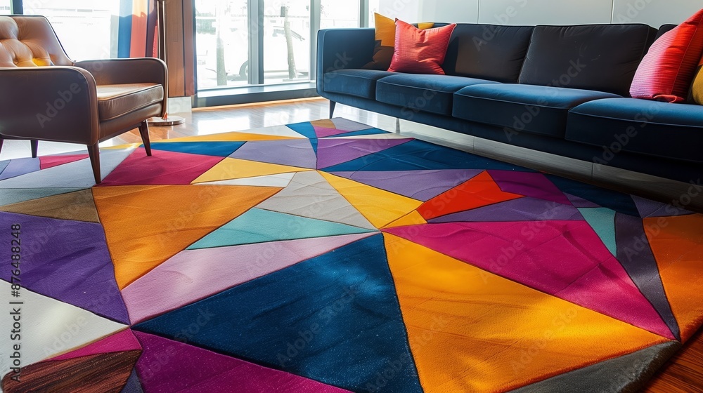 Poster modern carpet designs have geometric patterns and vibrant colors, adding a contemporary touch and vi