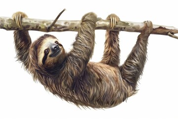 Fototapeta premium A sloth is hanging upside down from a branch, moving at a glacial pace. Its claws are dug deep into the bark, supporting its relaxed body.