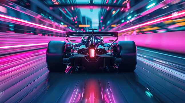 A formula car speeding down a track and taking a bend, neon blue and pink lighting, stretched lights. Generative AI.