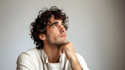 Thoughtful Young Man Contemplation Curly Hair White Shirt