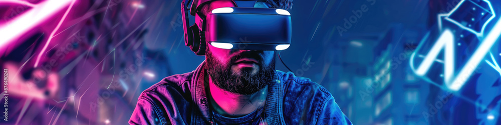 Poster a man with a beard wears a virtual reality headset and stares intensely at something within the virt
