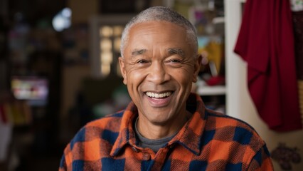 Fototapeta premium A man in a checkered shirt smiling at the camera, AI