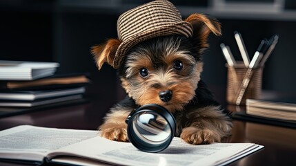 dog detective looking through magnifying glass