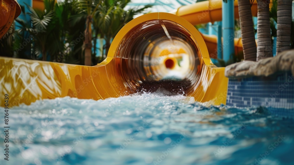Poster a yellow water slide in a pool surrounded by palm trees