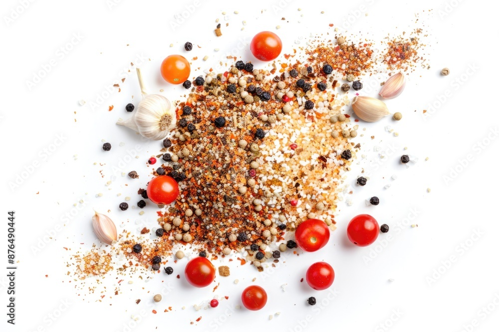 Poster a collection of various spices and tomatoes arranged on a white surface