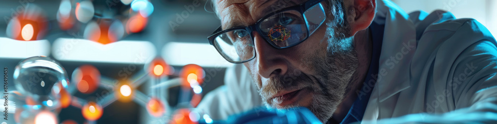 Poster a senior scientist examines a molecular model in a laboratory setting