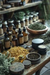 Serene herbal apothecary setting displays organic cosmetics, dried herbs, aromatic incense