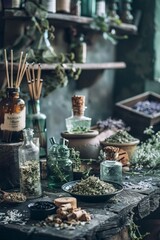 Serene herbal apothecary setting displays organic cosmetics, dried herbs, aromatic incense