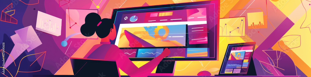 Poster a woman works on a computer in an office, surrounded by colorful data visualizations