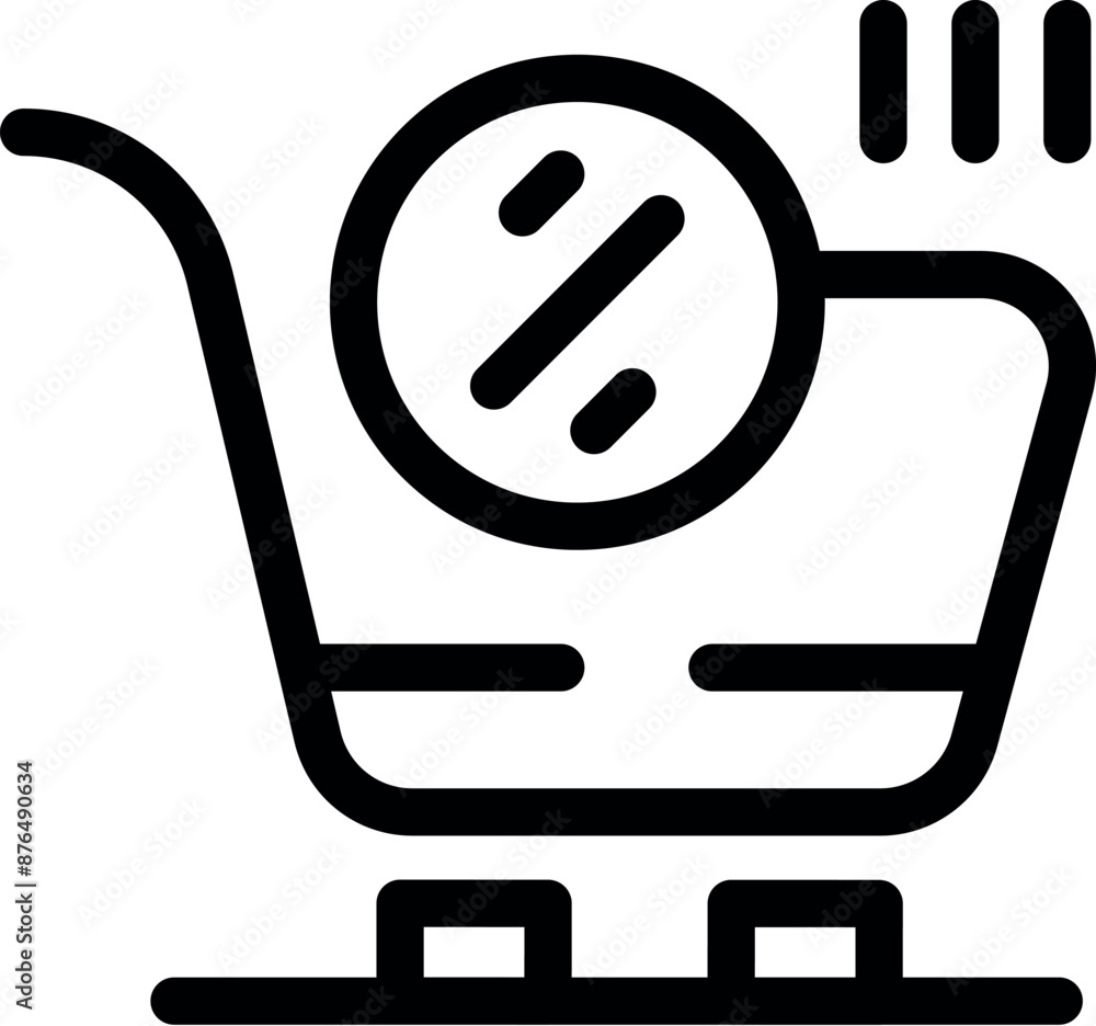 Poster shopping cart showing percentage discount with three lines icon, simple style