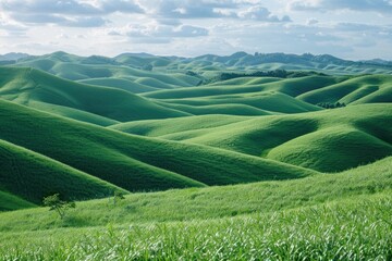 Fototapeta premium A serene landscape featuring a green field and hills in the background, suitable for use in outdoor-themed projects