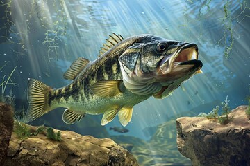 Obraz premium Largemouth Bass Swimming Through Sunlight In A Freshwater Lake