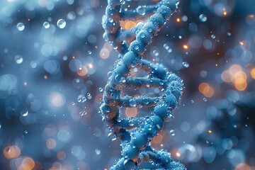 Blue DNA Helix In The Rain. Generative AI