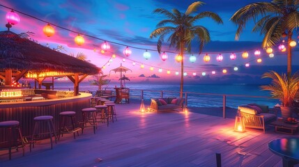 Night, blue-purple atmosphere, seaside, bar party, modern, high-end, coconut trees. Generative AI.