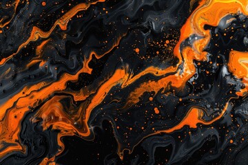Abstract background with black and orange fluid art swirls