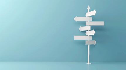 Blue sign with white arrows points out different directions on a light blue background. Shows options for where to go at a crossroads. Simple design, 3D rendering.
