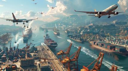 Naklejka premium Cargo planes fly over a ship port, handling imports and exports with efficient logistics. Cranes load cargo onto ships in the harbor.