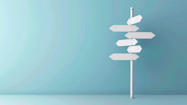 Blue sign with white arrows points out different directions on a light blue background. Shows options for where to go at a crossroads. Simple design, 3D rendering.