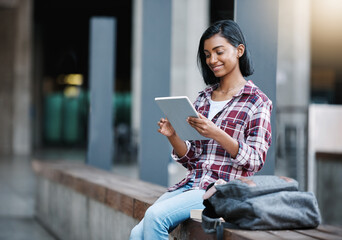 Girl, university student and tablet at campus with bag, education and reading at business school. Indian person, notification and e learning app for study, assessment or happy for results at college