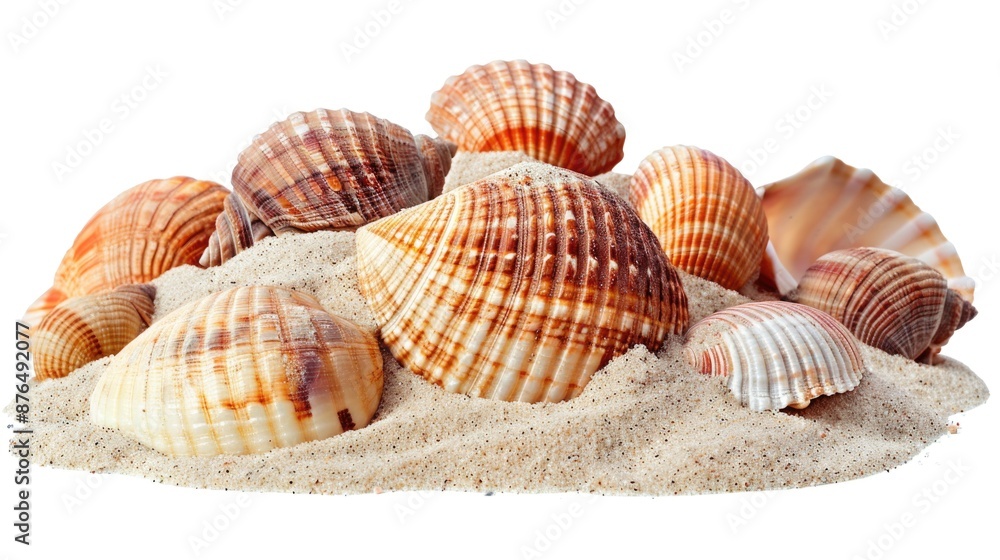 Poster a pile of seashells sitting on top of a sandy beach, perfect for using as a decorative accent or for