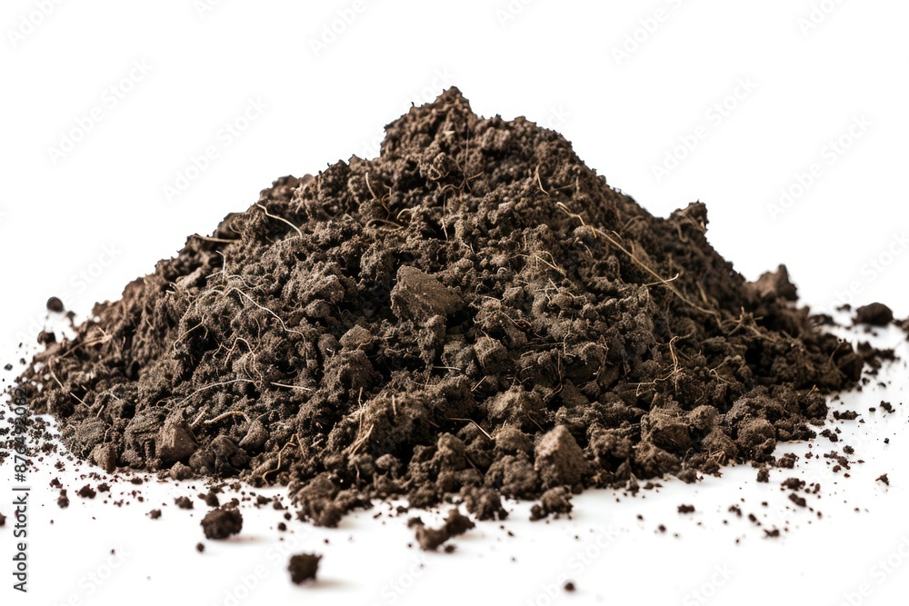 Poster A small mound of earth sits on a clean white surface, perfect for use in editorial or commercial contexts where simplicity and contrast are key