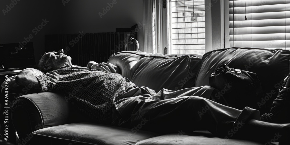 Poster a person relaxing on a sofa near a window, possibly watching something or daydreaming