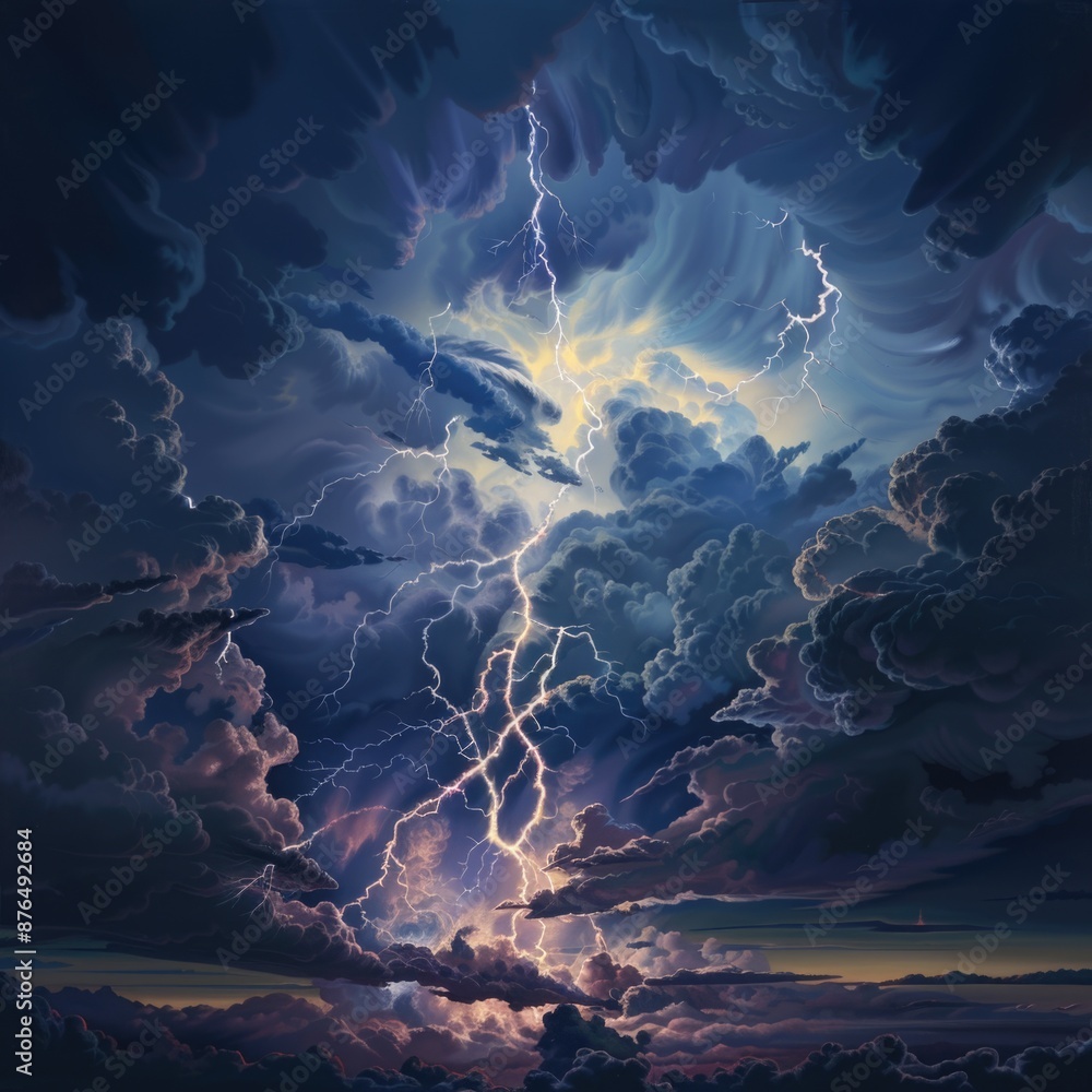 Poster a dramatic depiction of a lightning storm in the sky, with flashes of light illuminating the dark cl