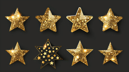 Gold glittering star icons. Set of sparkling stars.