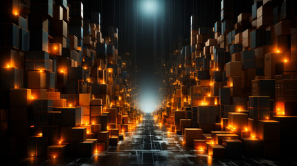 Fototapeta premium A dark room with many boxes and a path of light