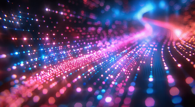 Digital background featuring pink and blue glowing data stream, light streaks, and holographic elements on black background. Generative AI.