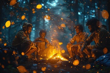 Obraz premium Nighttime Campfire Gathering. Generative AI