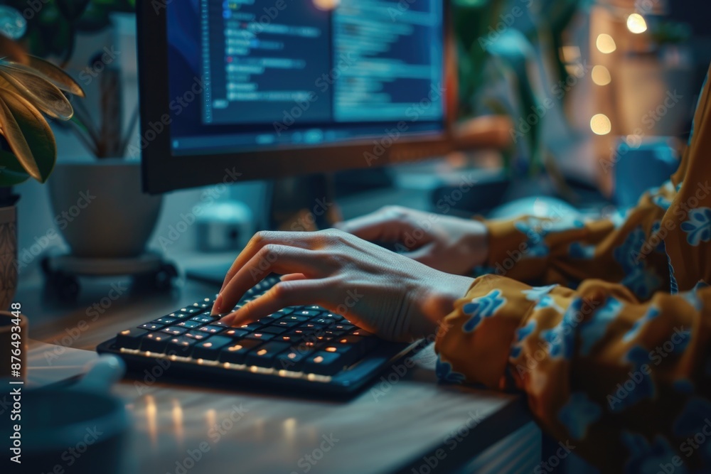 Poster a person sitting in front of a computer, typing away