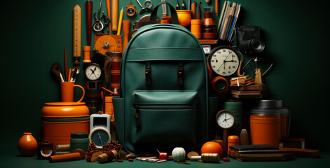 A green backpack is surrounded by various items, including clocks, books