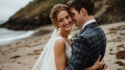 A bride and groomhug on the beach. The bride is wearing a white dress and the groom is wearing a suit. The bride is smiling and the groom is looking at her.