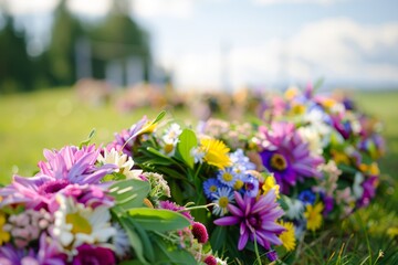 A close-up image showcasing vibrant and festive flower wreaths, traditionally used during Finland's midsummer celebrations.