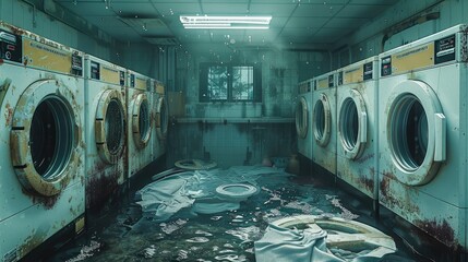 A ruined laundromat sunken to the bottom of the ocean. underwater. Generative AI.