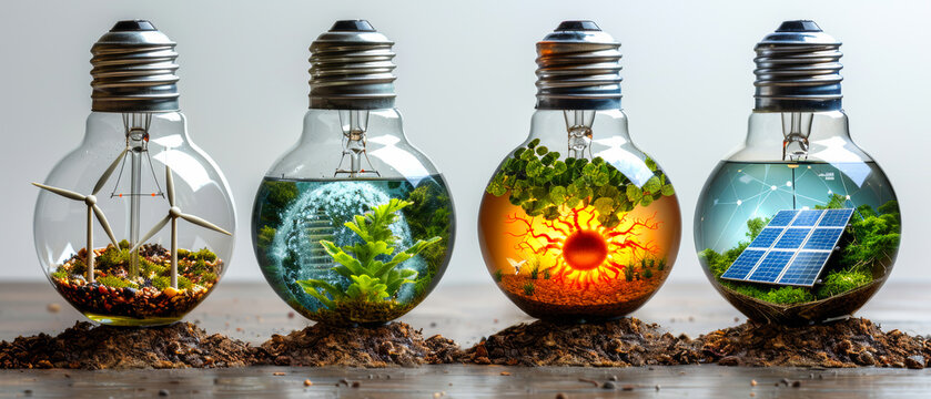 Four light bulbs with different designs, one of which is a solar light