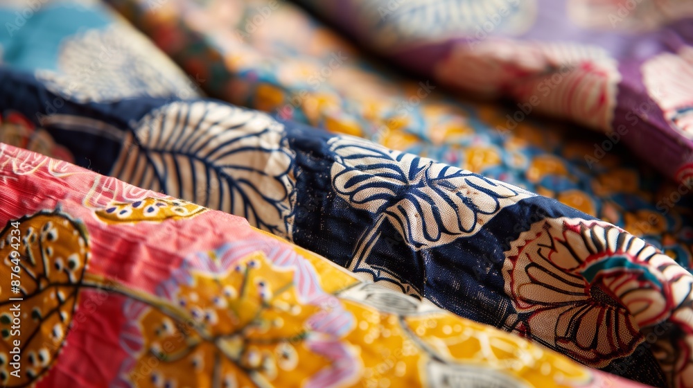 Poster close-up of block-printed fabric showcasing intricate patterns and vibrant colors, highlighting its 