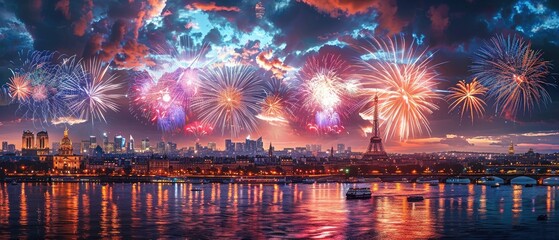 Paris Fireworks Night. Generative AI