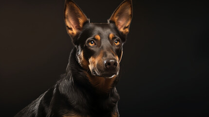Fototapeta premium A studio portrait of a serious and loyal Australian shepherd dog with dark fur and bright amber eyes, looking off to the side on a dark background