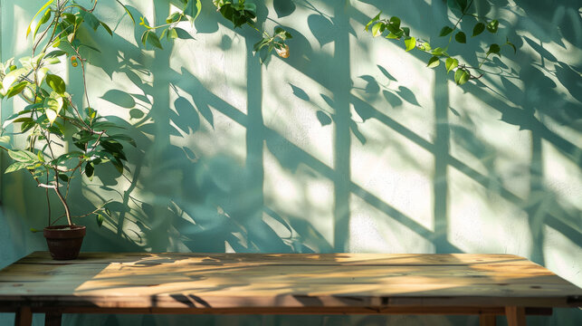 Wooden table against a green wall with sunlit windows casting shadows of leaves. Indoor greenery provides a backdrop for displaying products in an eco-friendly setting.