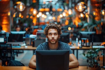 Fototapeta premium Man Working Late In Office. Generative AI