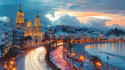 Fototapeta premium Sunset Glow Over Coastal City. Generative AI