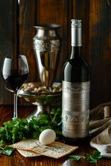 Naklejka premium Traditional Passover table setting: silver kearah, wine, matzo, egg, greens Warm, cozy evening